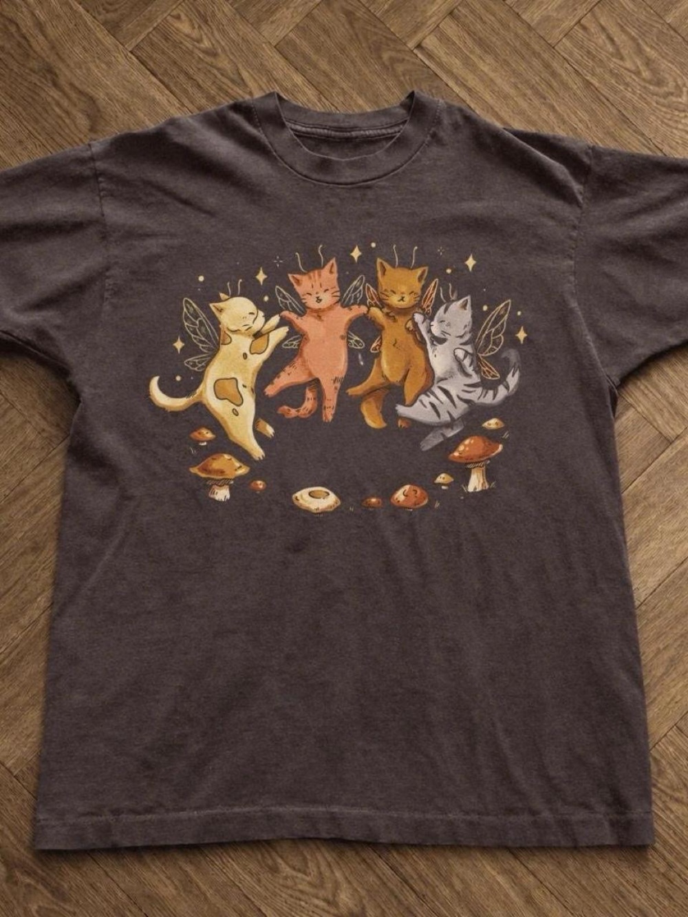 Gildan Dark Chocolate Tee with Colorful Cat Fairy Graphic